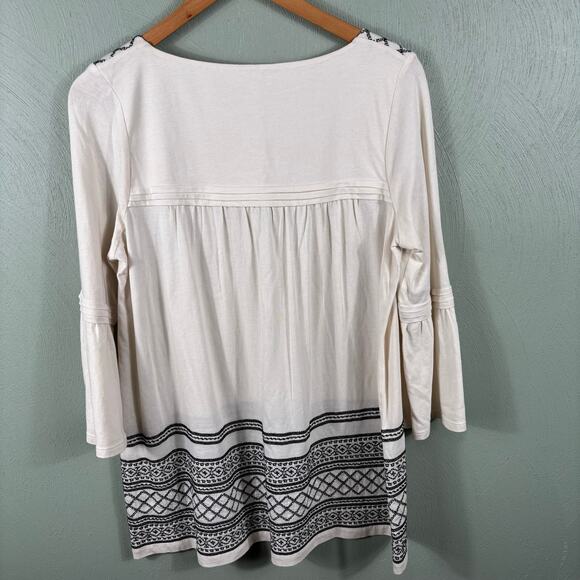 J. Jill Women's Small Ivory Black Embroidered Boho Bell Sleeve Tunic Top Shirt - Picture 2 of 11